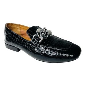 Donald J. Pliner Bristol Black Patent Croc Embossed Leather Loafer  Flats
